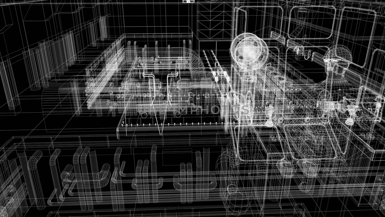 Gantry crane in a factory environment. Wire-frame. Render on a black background