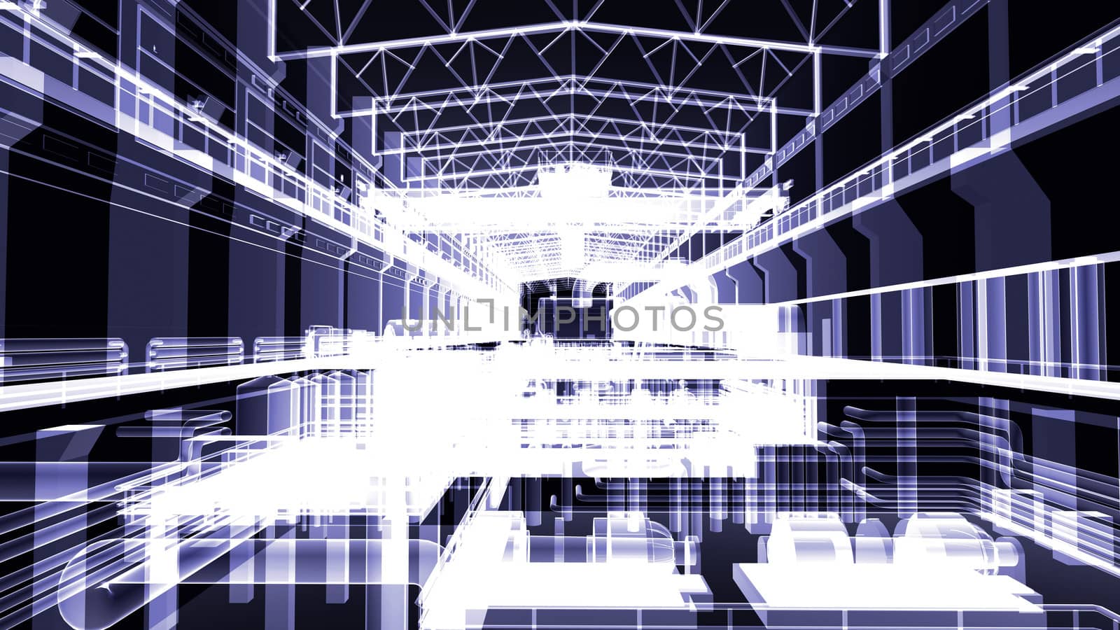 Gantry crane in a factory environment. X-ray. Render on a black background