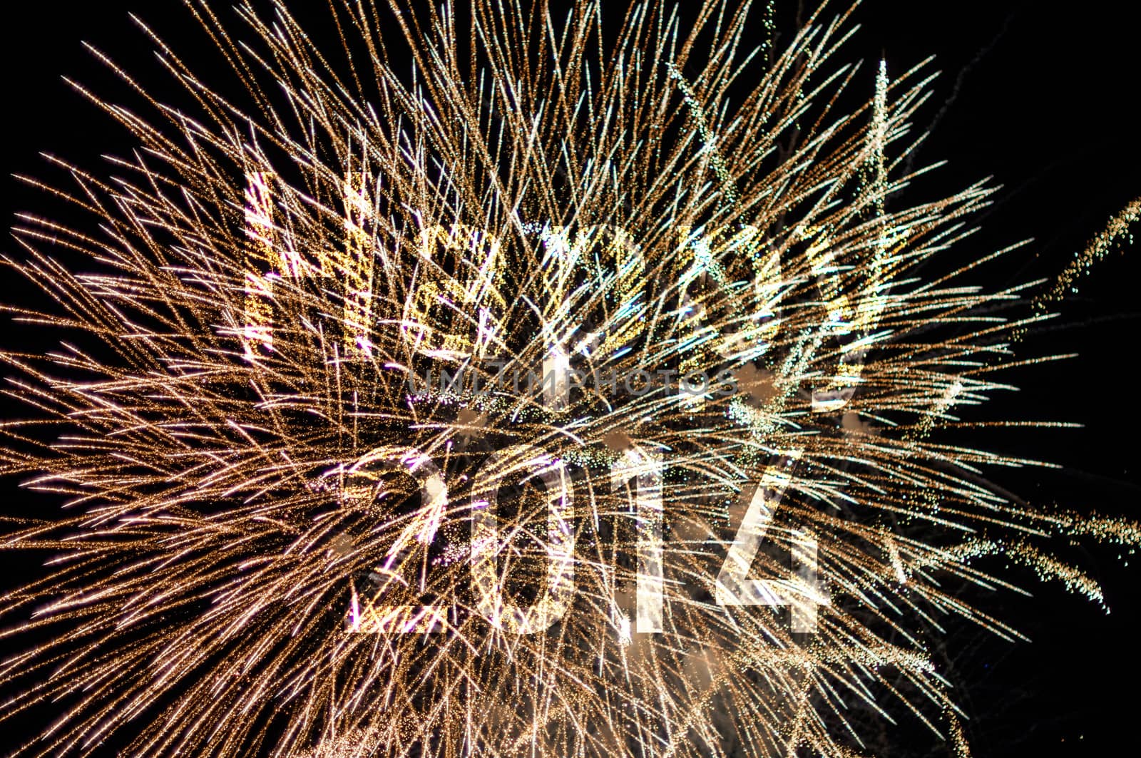 Happy New Year 2014 card showing a delicate burst of fireworks in the night sky with the wording Happy 2014 highlighted