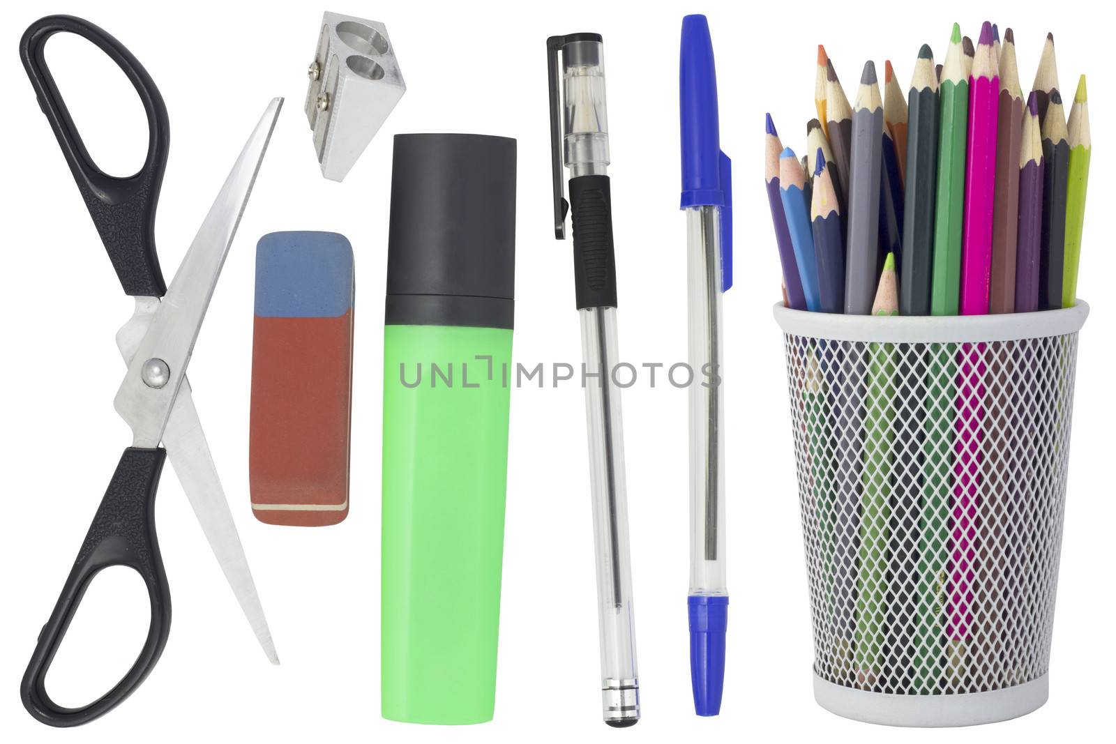 Office supplies: pencils, pens, scissors, markers, eraser and pencil sharpener. Isolated on white background
