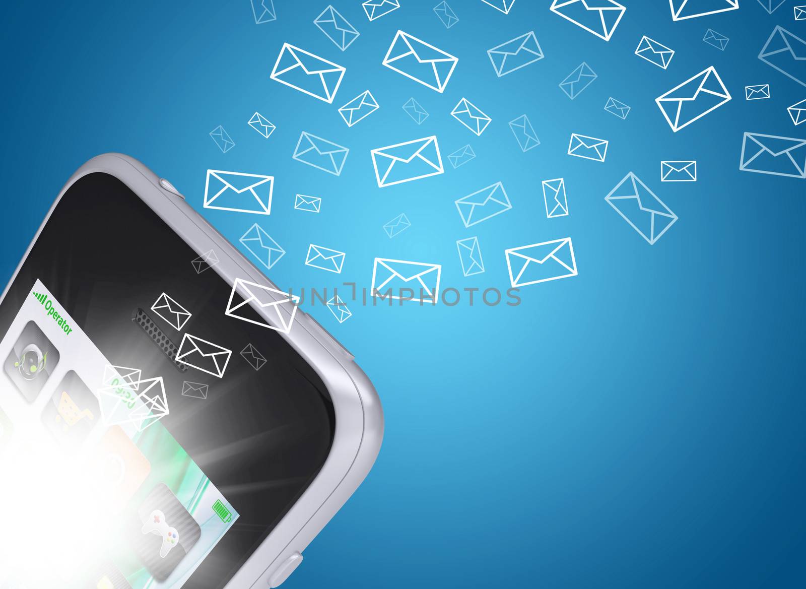 Emails fly out of smartphone screen. The concept of e-mailing