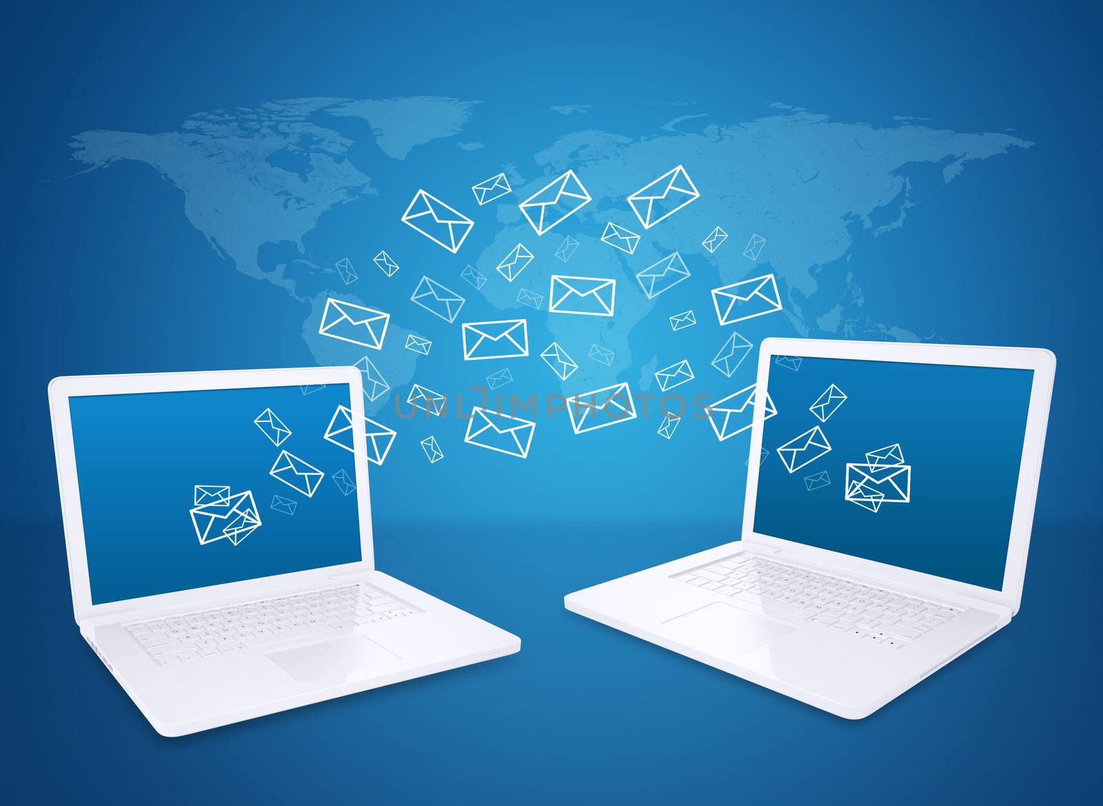 Two laptops exchange letters. The concept of e-mailing