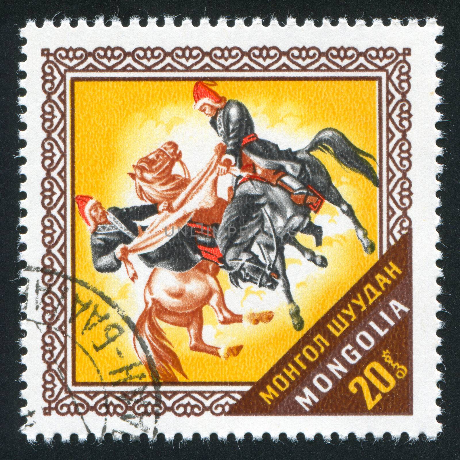 MONGOLIA - CIRCA 1974: stamp printed by Mongolia, shows Two horsemen fighting for goatskin, circa 1974