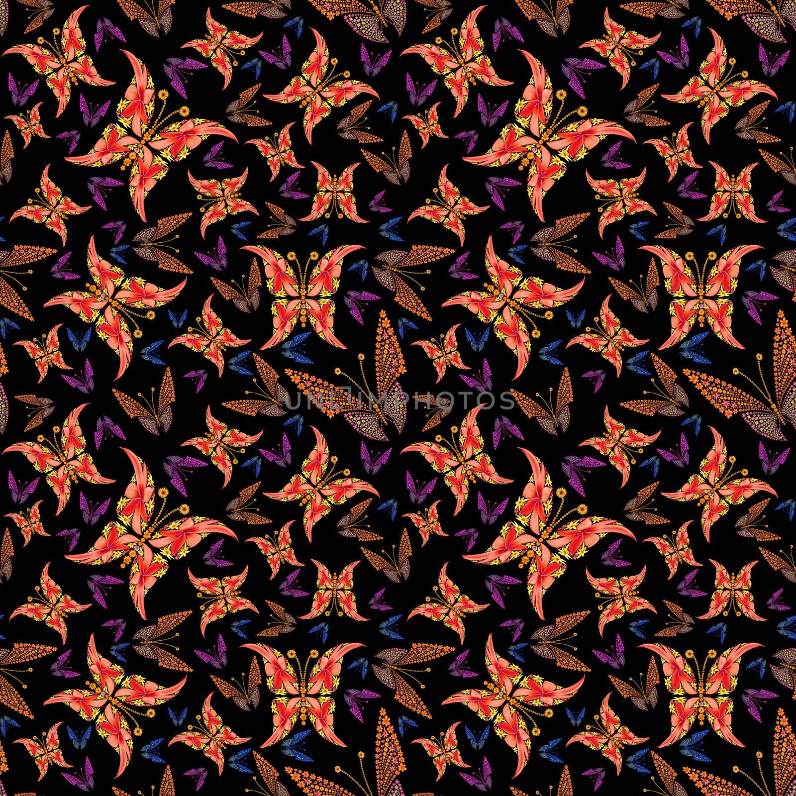Butterfly seamless colorful abstract pattern made by flowers
