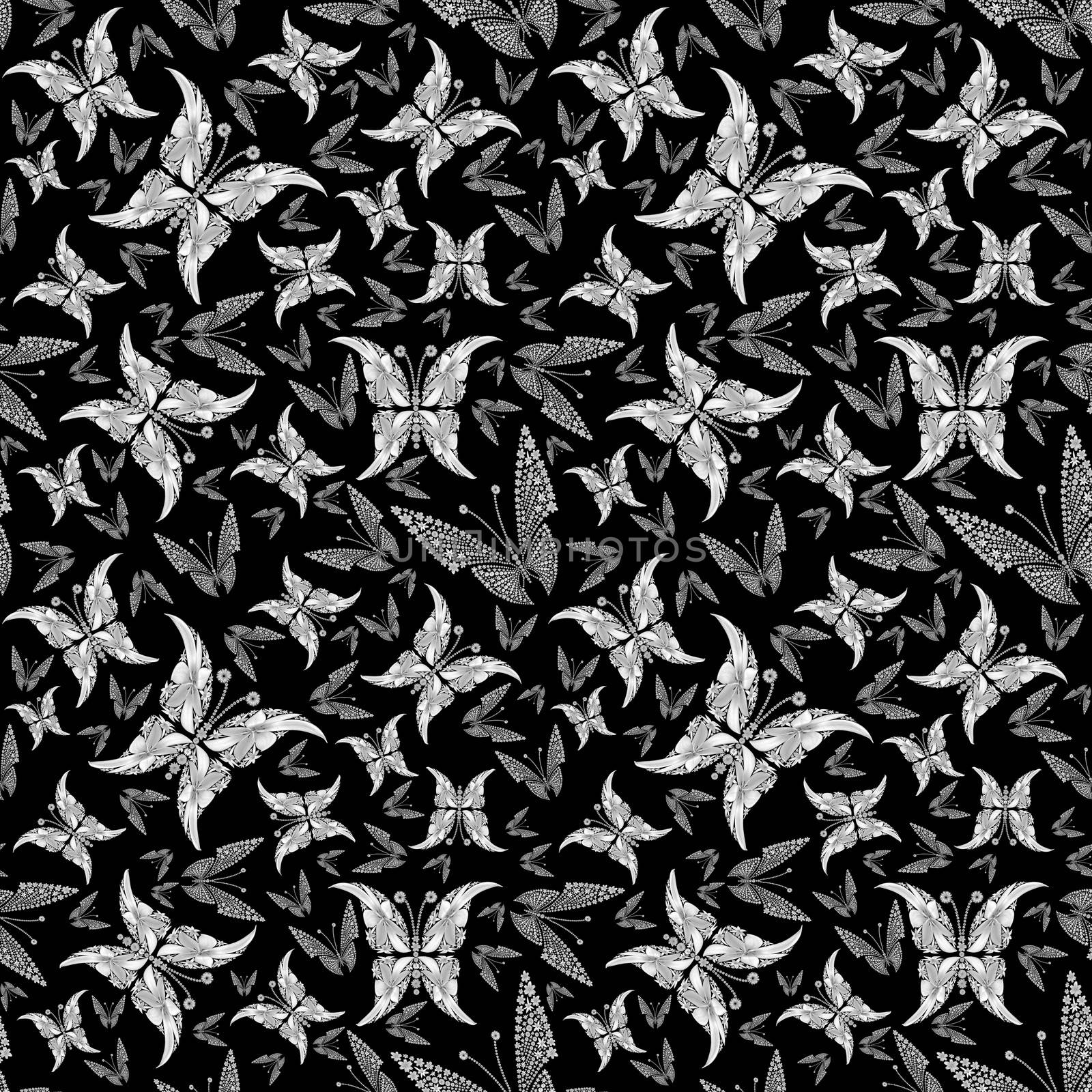 Butterfly seamless colorful abstract pattern made by flowers