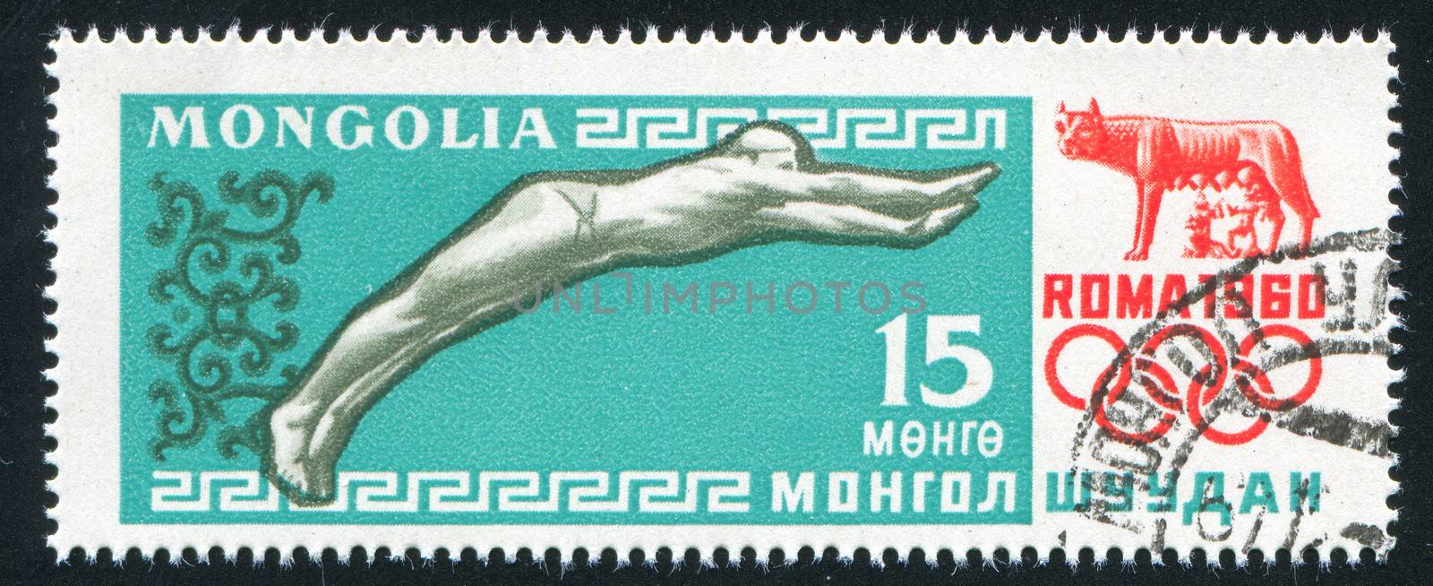 MONGOLIA - CIRCA 1960: stamp printed by Mongolia, shows Swimmer at The Olympic Games in Roma, circa 1960