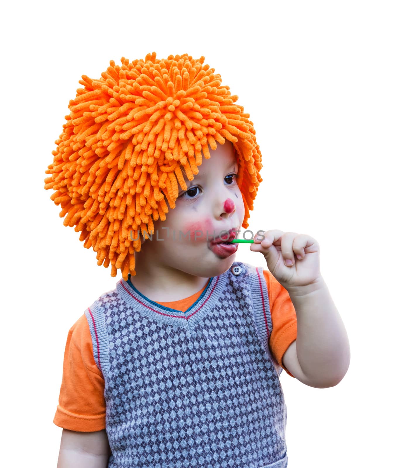 Clown child eating a lollipop on white background by doble.d