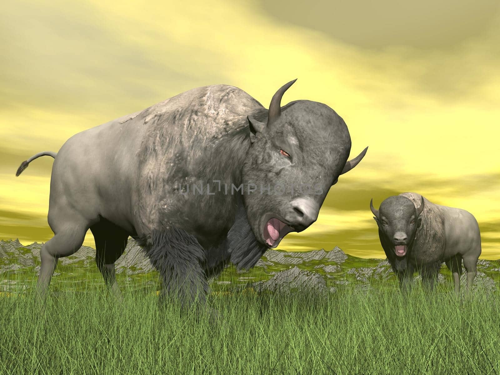 Bisons in nature - 3D render by Elenaphotos21