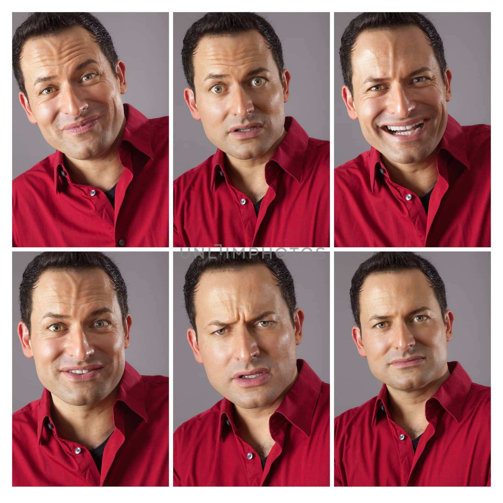 An image of six different male expression