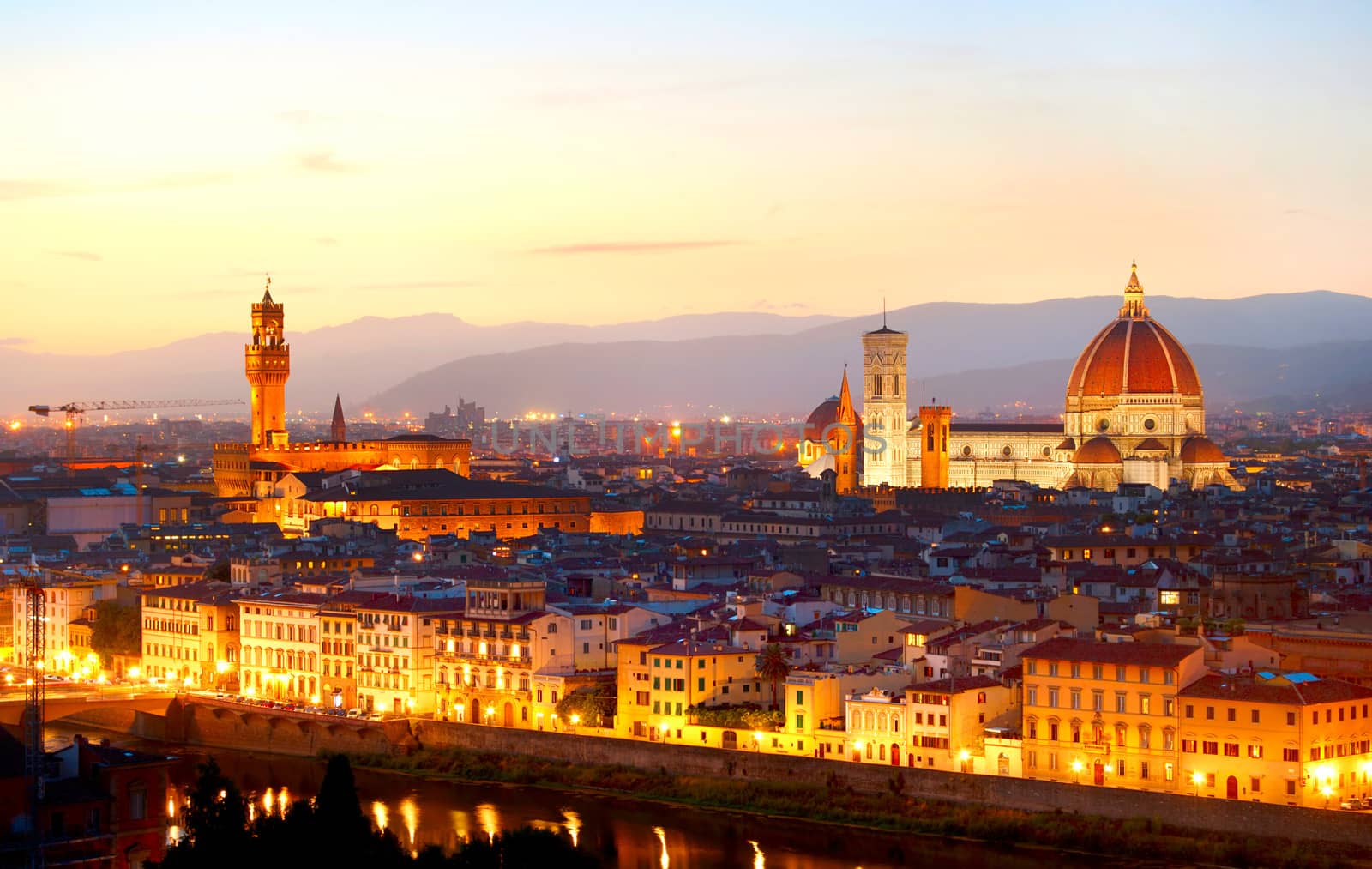 Skyline of Florence at colorful dusk, view from Piazzale Michelangelo