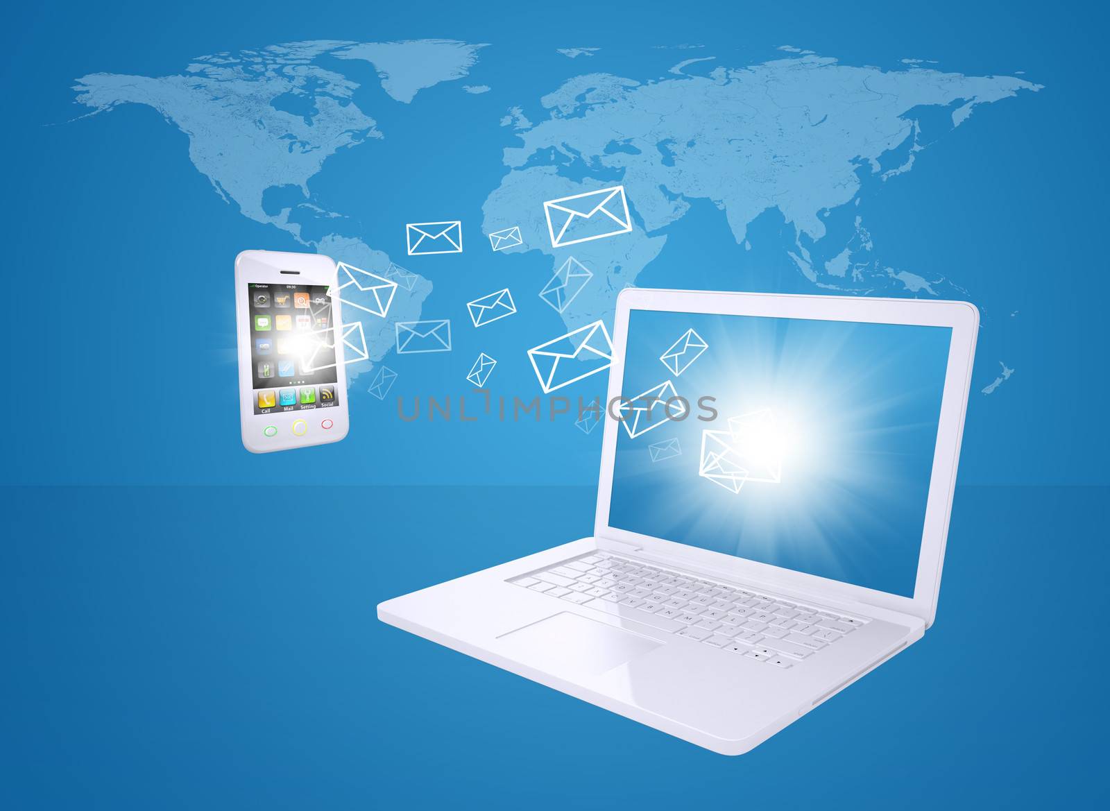 Laptop and smartphone exchange letters. The concept of e-mailing