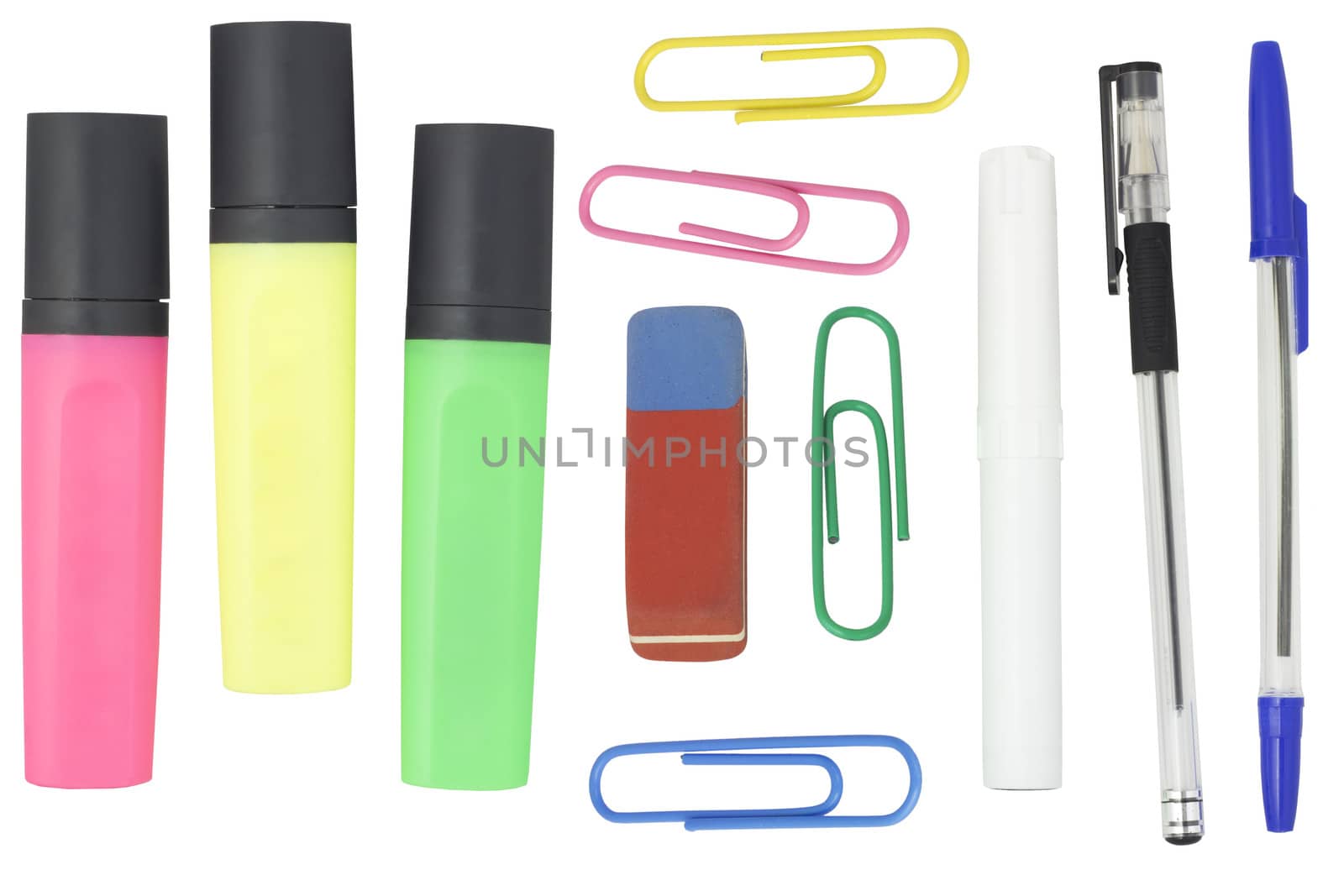 Office supplies: pens, markers, eraser and paper clips. Isolated on white background