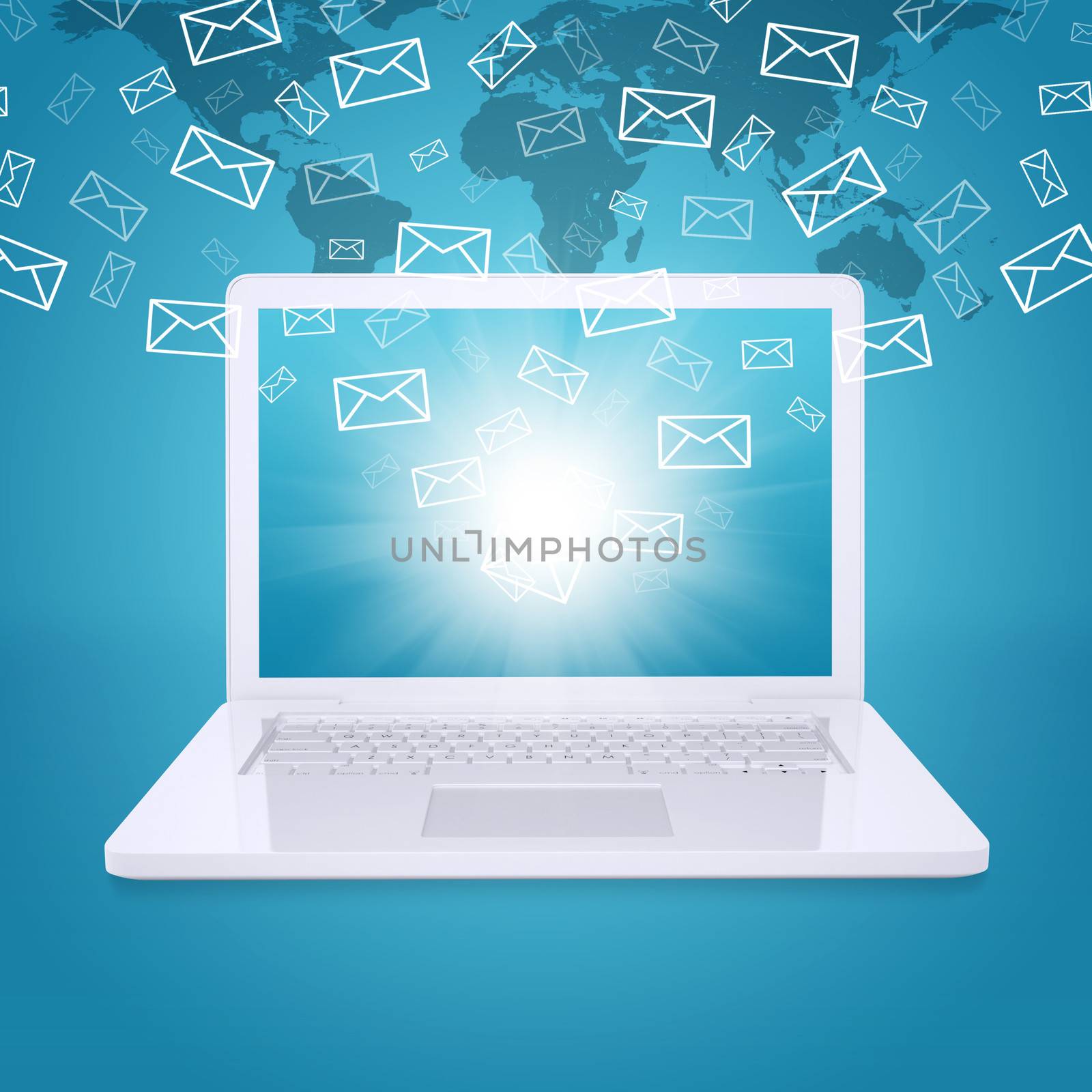 Emails fly out of laptop screen. The concept of e-mailing