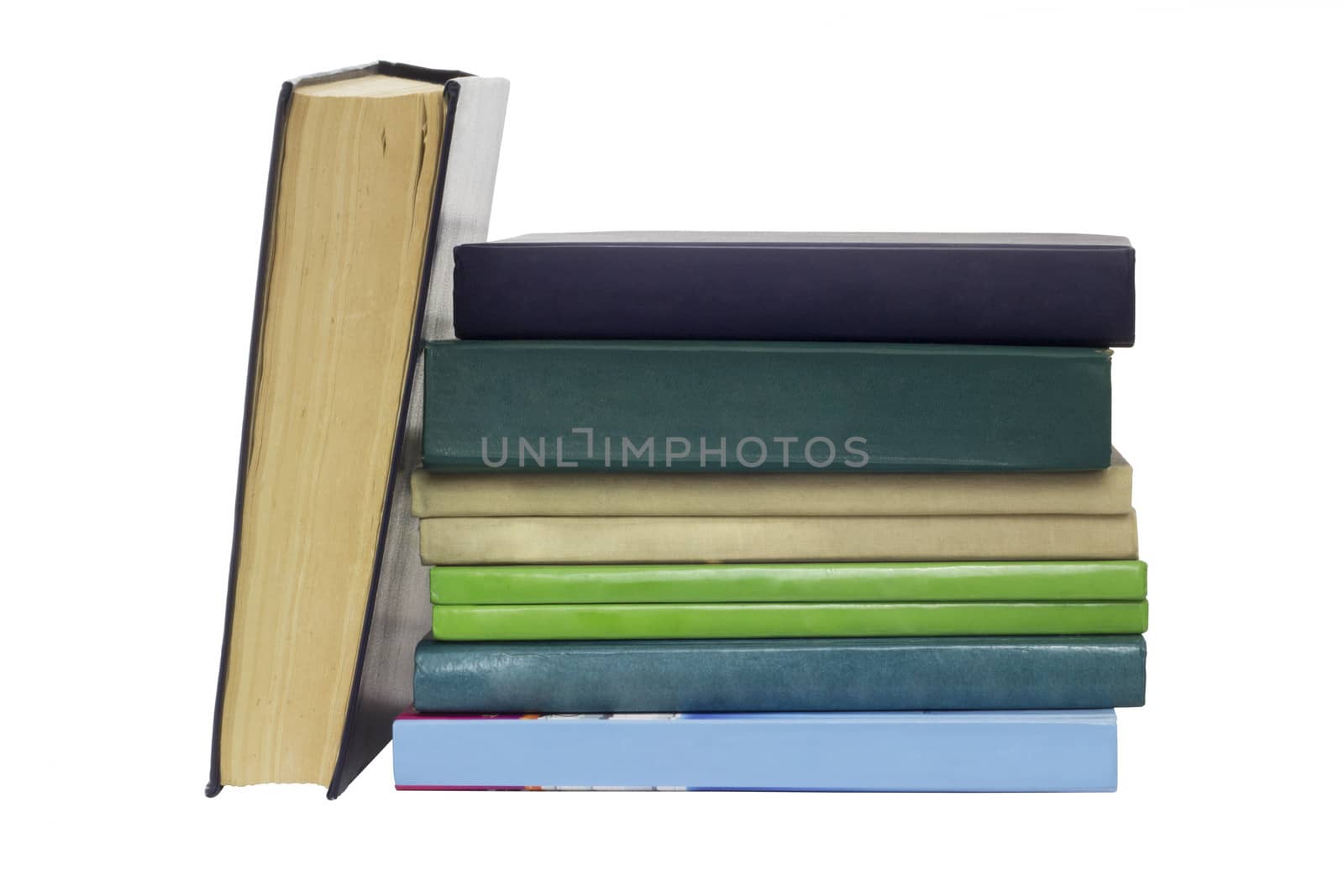 Stack of different old books with no labels. Isolated on white background