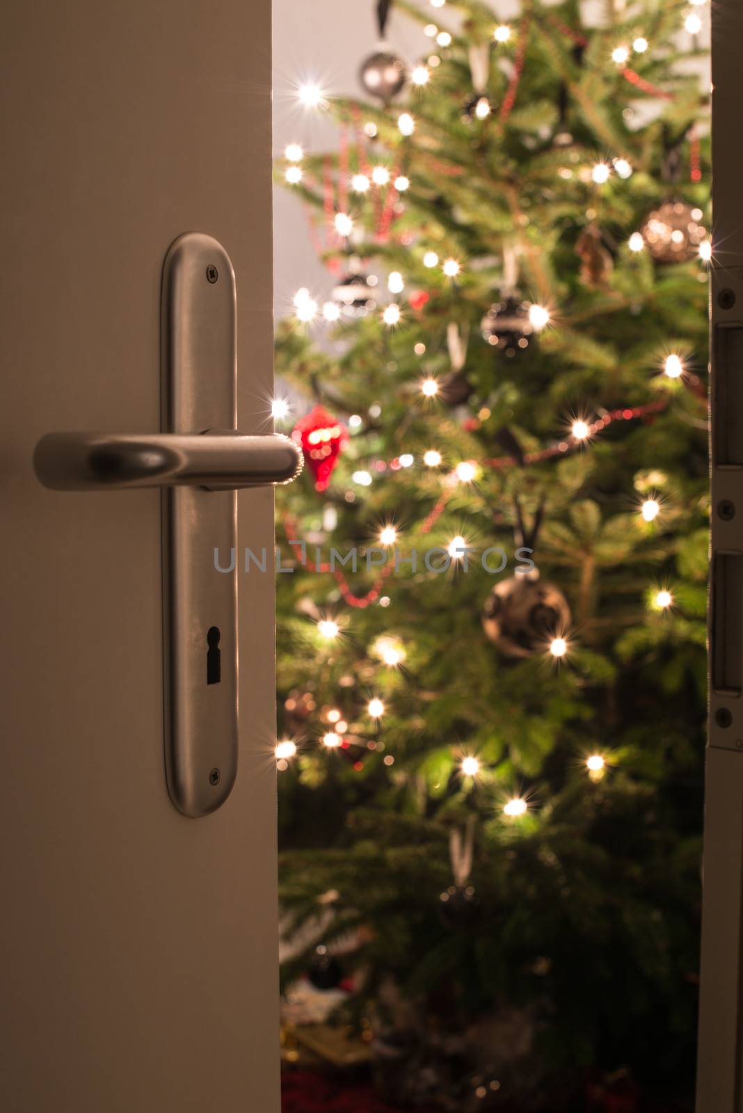 Interior shot of a modern living room with a Christmas tree as seen through the living room door