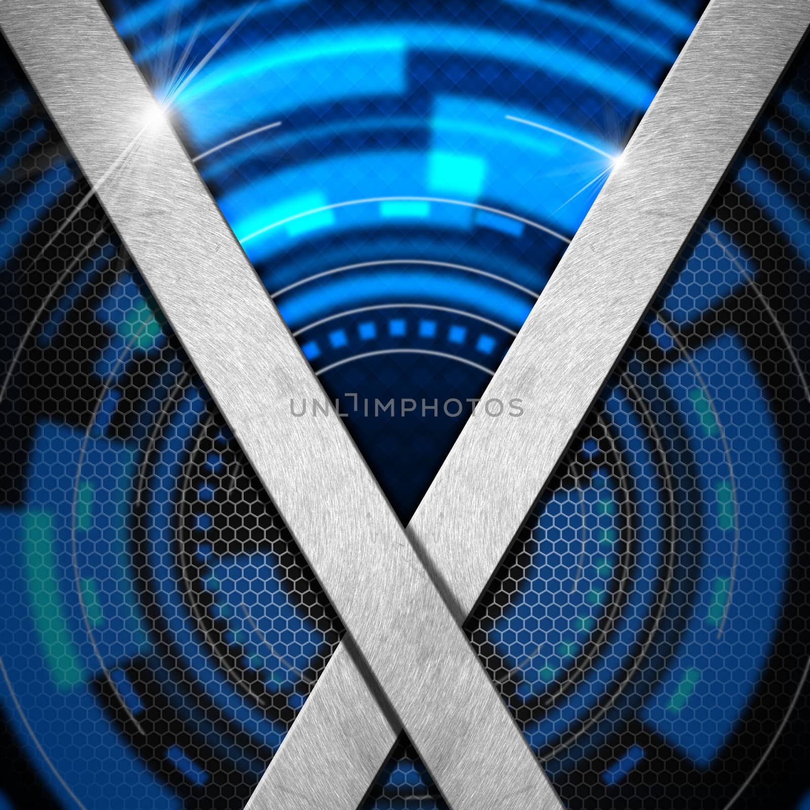 Blue, black and metal abstract background, with metal cross and bright areas