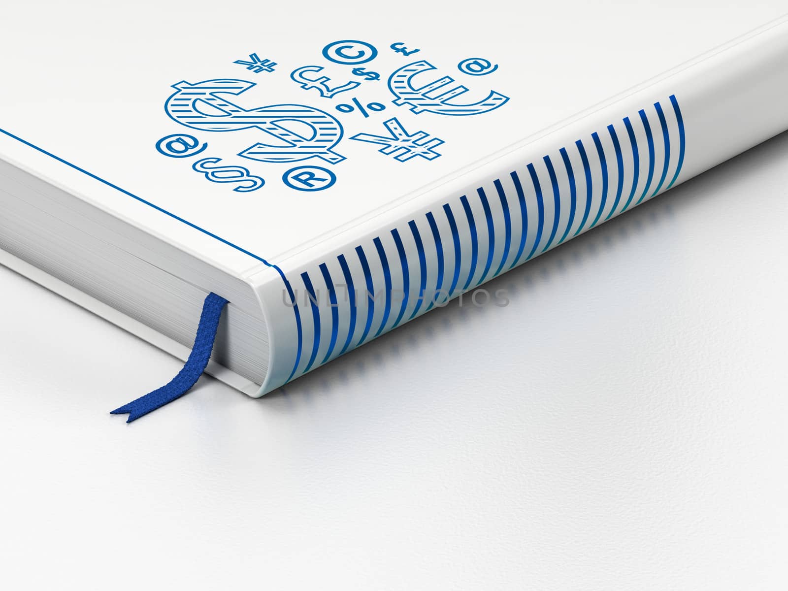 Marketing concept: closed book with Blue Finance Symbol icon on floor, white background, 3d render