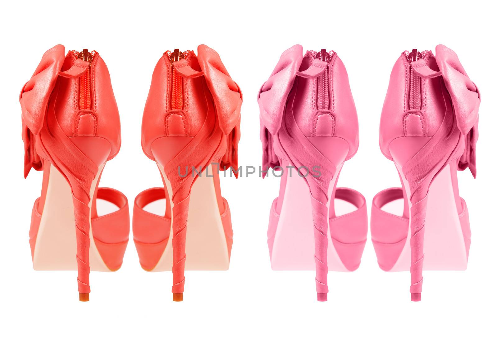 Evening pink shoes with a bow on a high heel   Isolated on a white background . two couples collage, rear view 