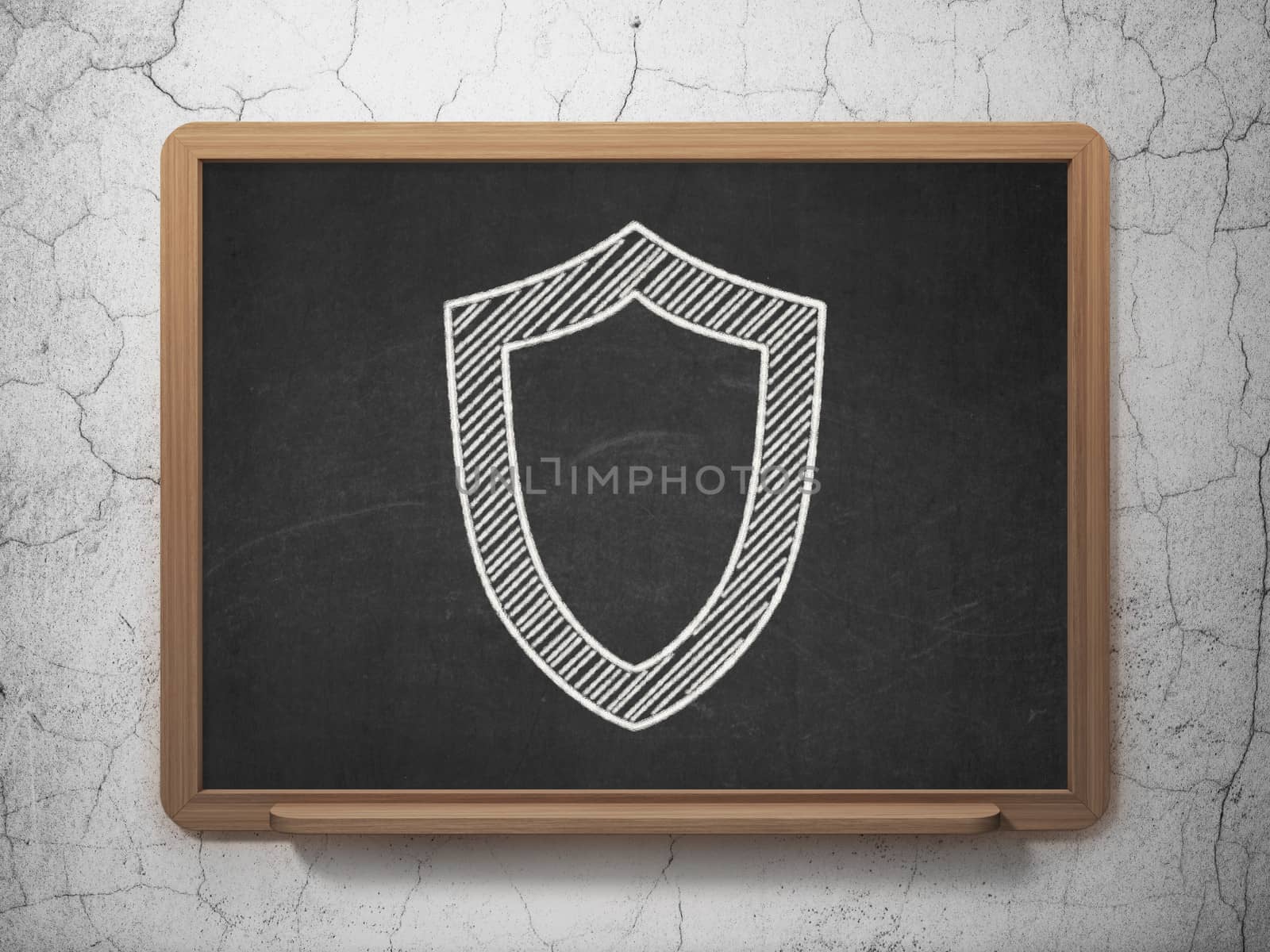 Protection concept: Contoured Shield icon on Black chalkboard on grunge wall background, 3d render