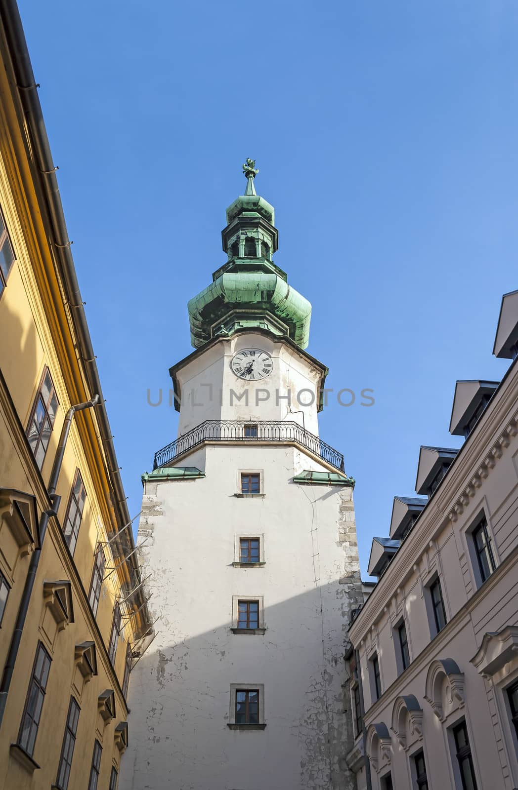 Clock tower at the St. Michael's Gate, Bratislava, Slovakia.