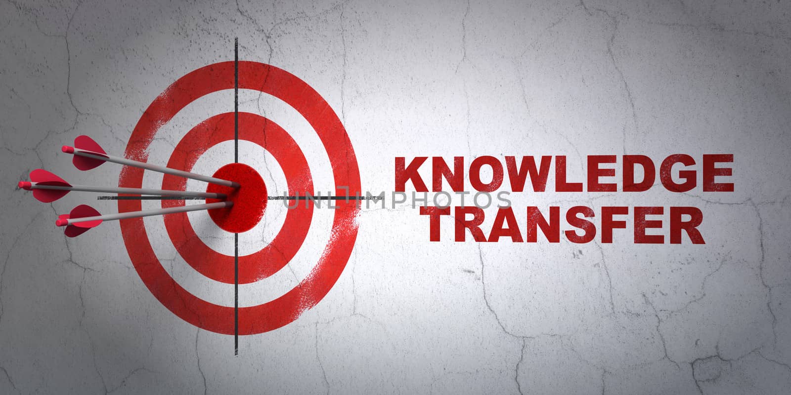 Success Education concept: arrows hitting the center of target, Red Knowledge Transfer on wall background, 3d render