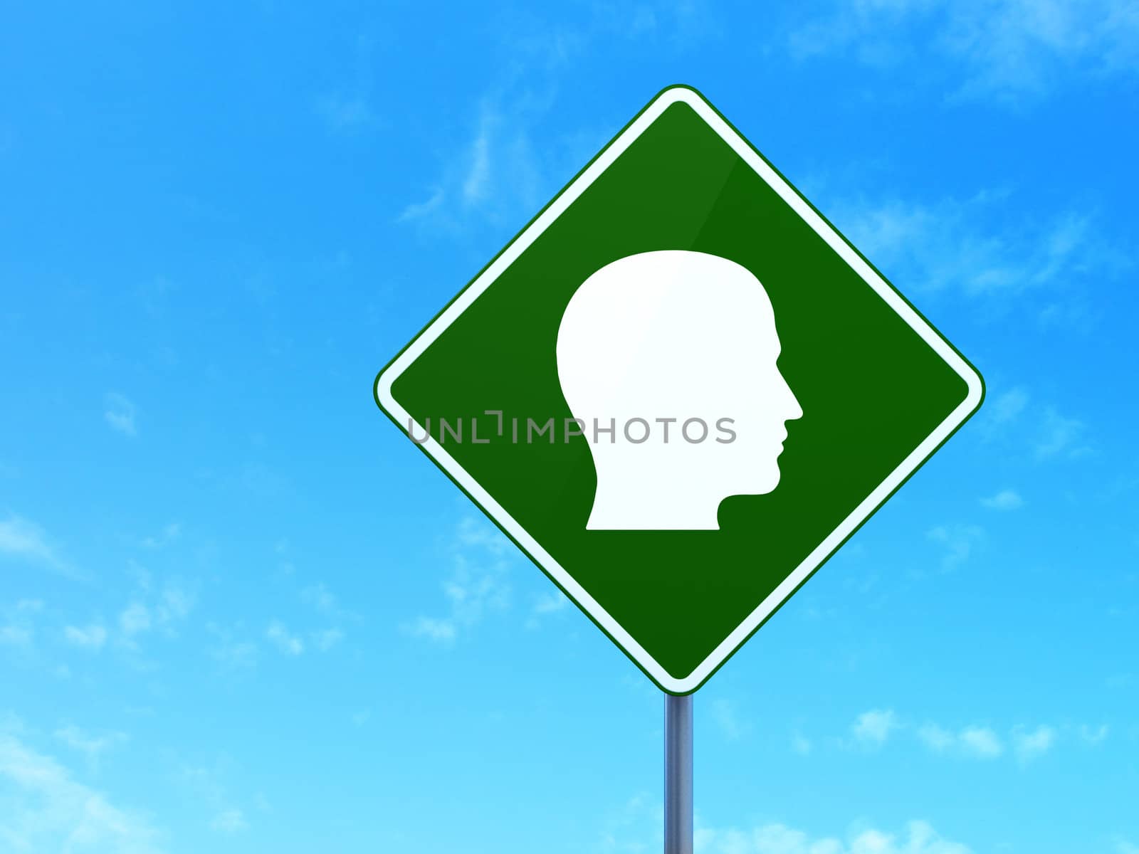Data concept: Head on green road (highway) sign, clear blue sky background, 3d render