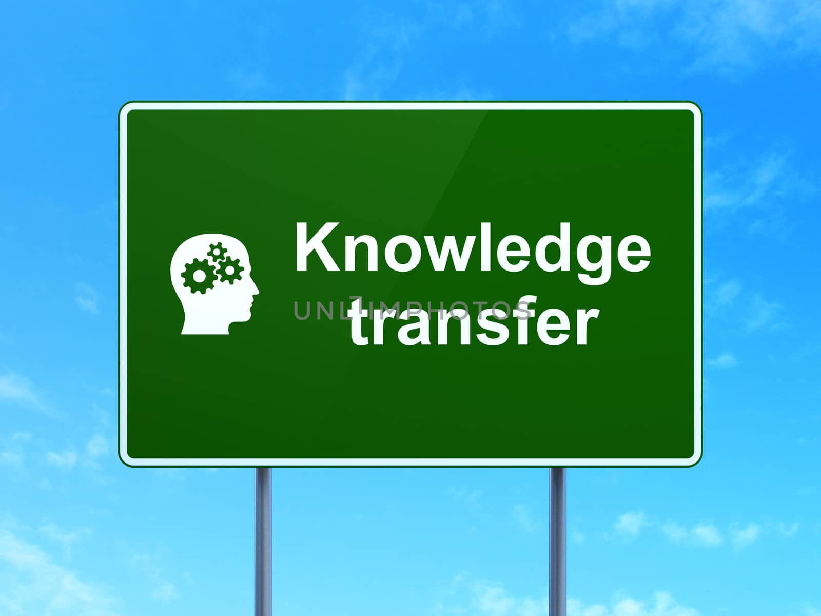 Education concept: Knowledge Transfer and Head With Gears icon on green road (highway) sign, clear blue sky background, 3d render
