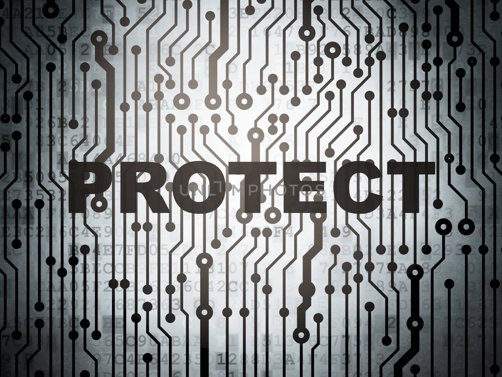 Protection concept: circuit board with  word Protect, 3d render