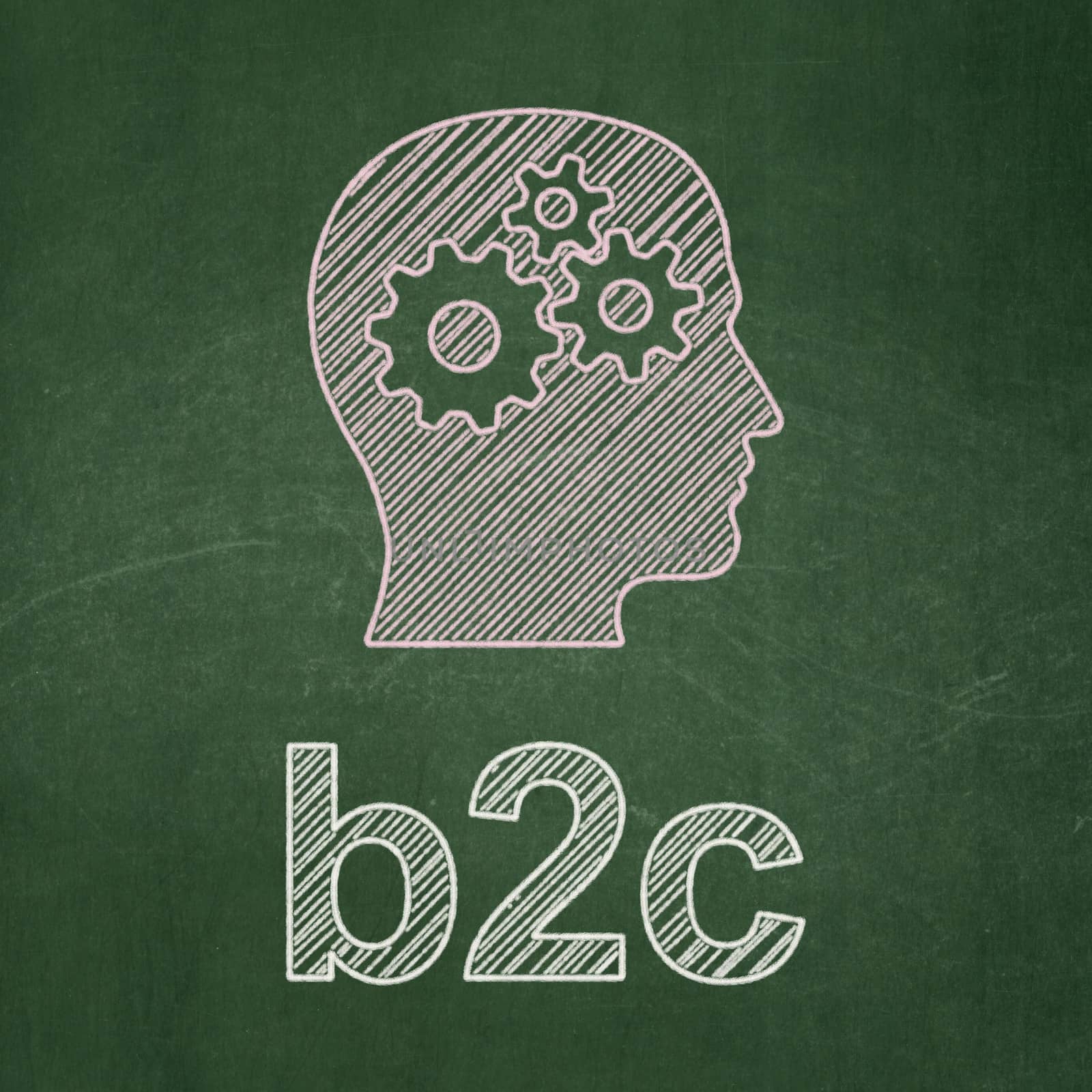 Business concept: Head With Gears icon and text B2c on Green chalkboard background, 3d render