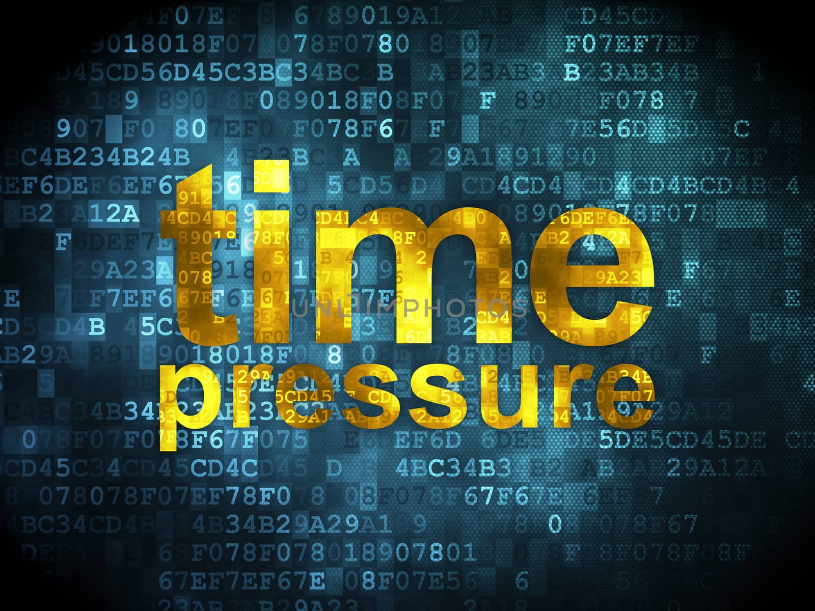 Timeline concept: pixelated words Time Pressure on digital background, 3d render