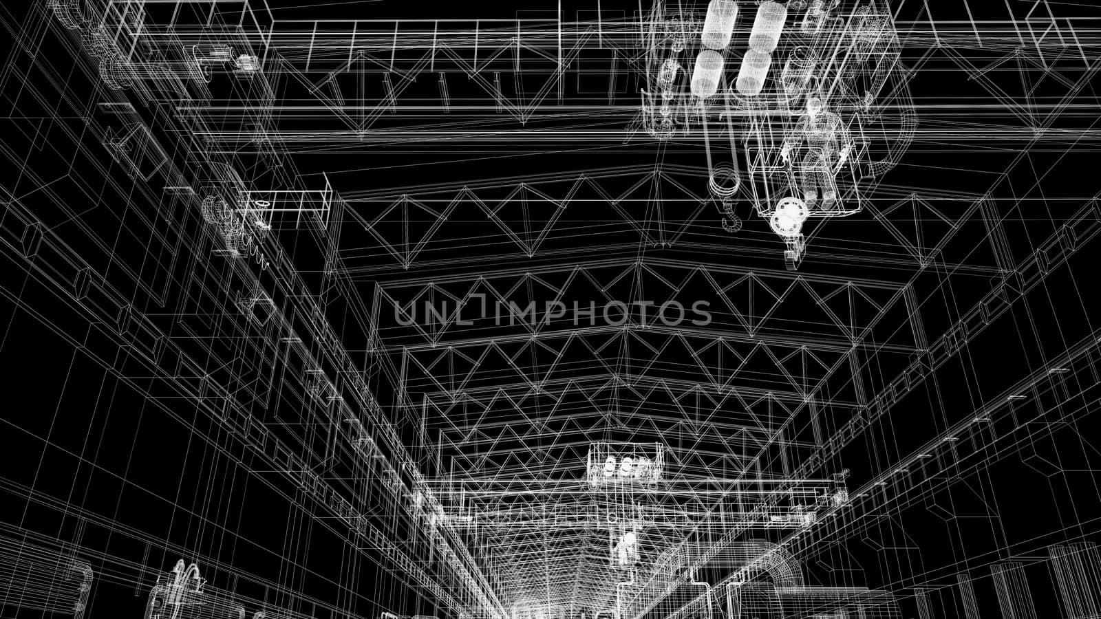 Gantry crane in a factory environment. Wire-frame. Render on a black background