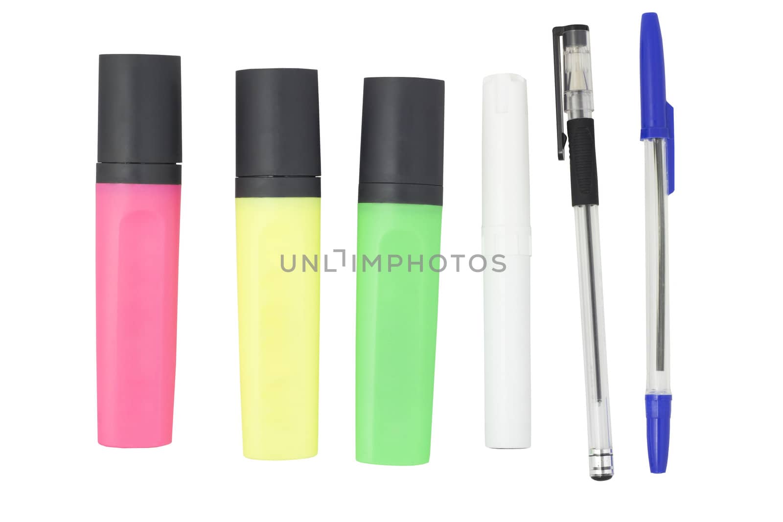 Office supplies: pens and markers. Isolated on white background