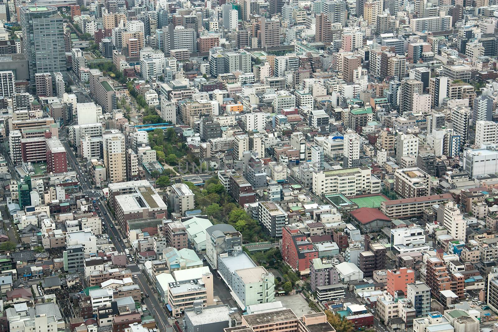 High angle view of the business district in Japan.