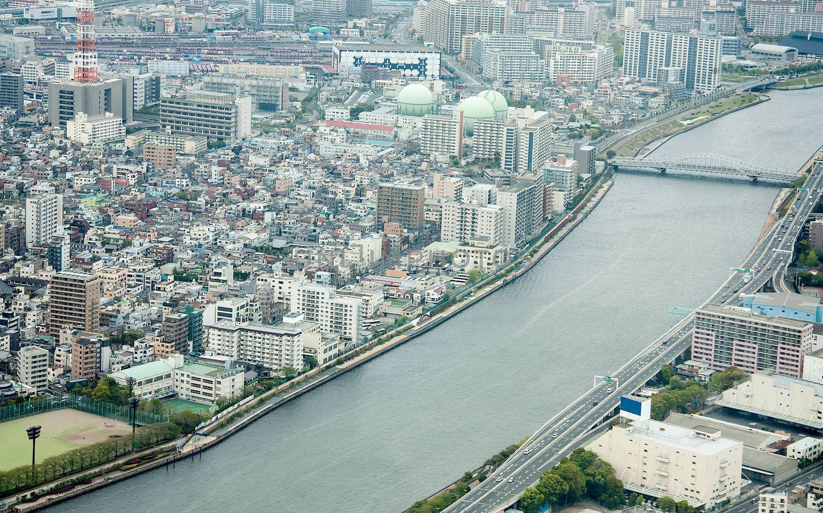 High angle view of the business district in Japan.