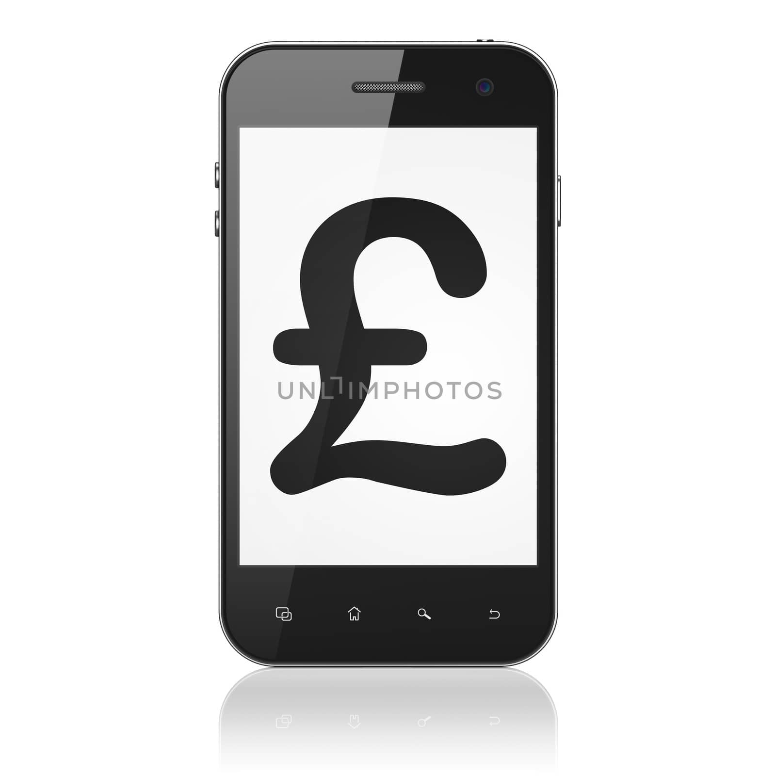 Currency concept: smartphone with Pound icon on display. Mobile smart phone on White background, cell phone 3d render