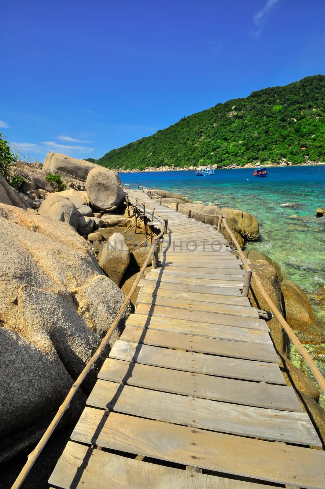 Thailand Boardwalk Perfect tropical bay on Koh Tao a paradise island in Asia.