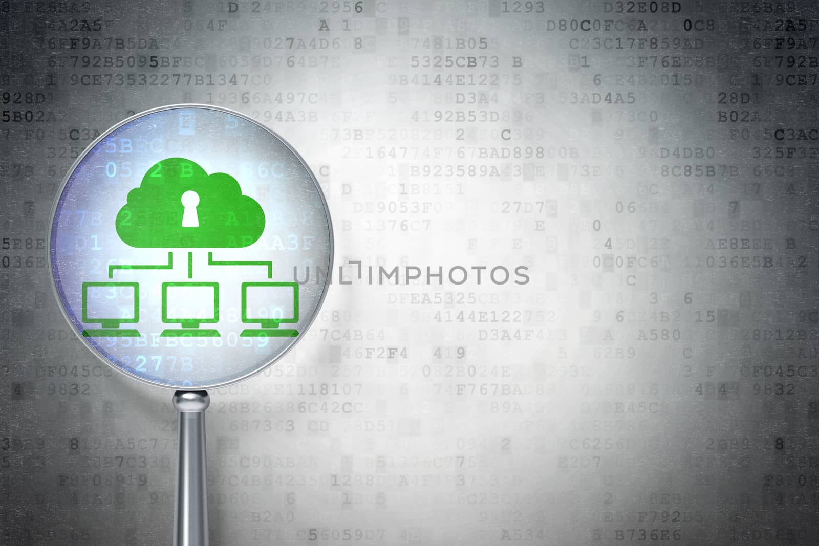 Protection concept: magnifying optical glass with Cloud Network icon on digital background, empty copyspace for card, text, advertising, 3d render