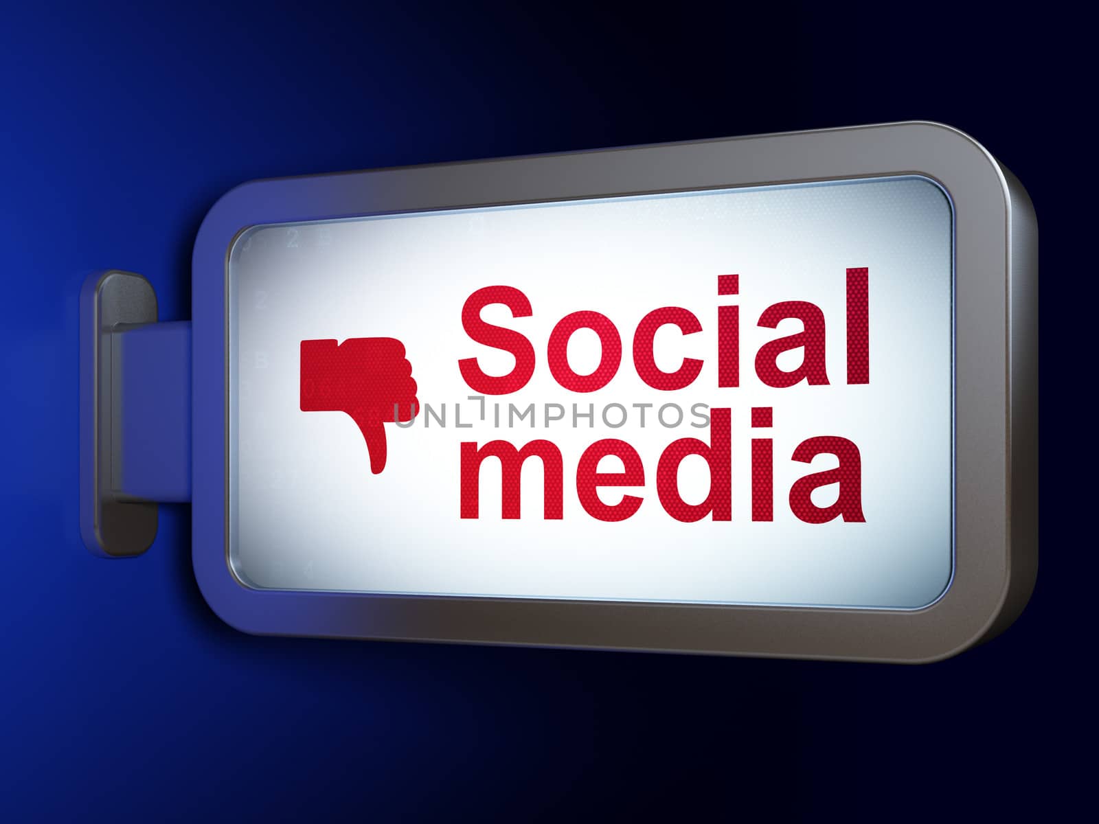 Social media concept: Social Media and Thumb Down on advertising billboard background, 3d render