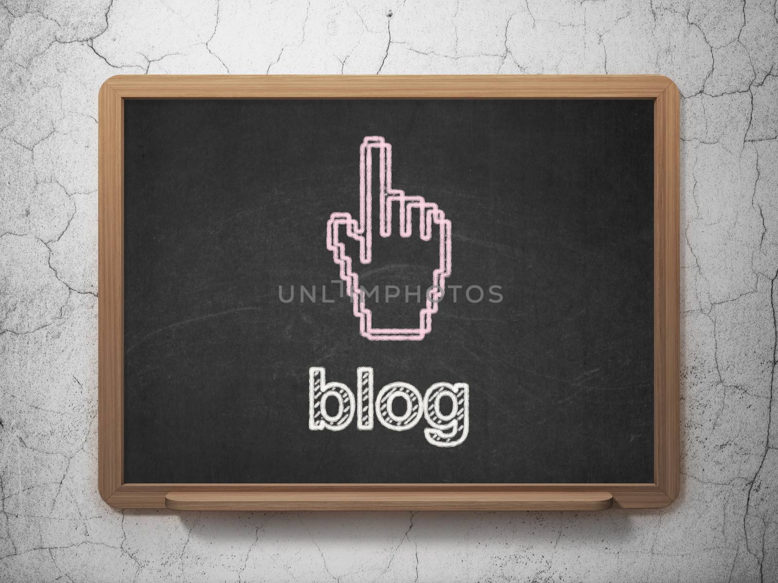 Web design concept: Mouse Cursor icon and text Blog on Black chalkboard on grunge wall background, 3d render