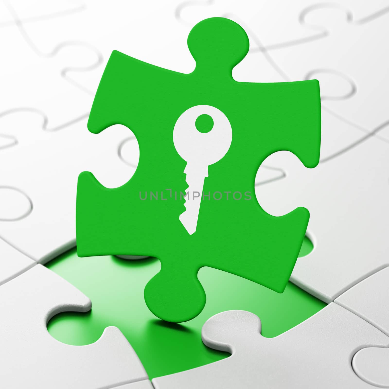 Protection concept: Key on Green puzzle pieces background, 3d render