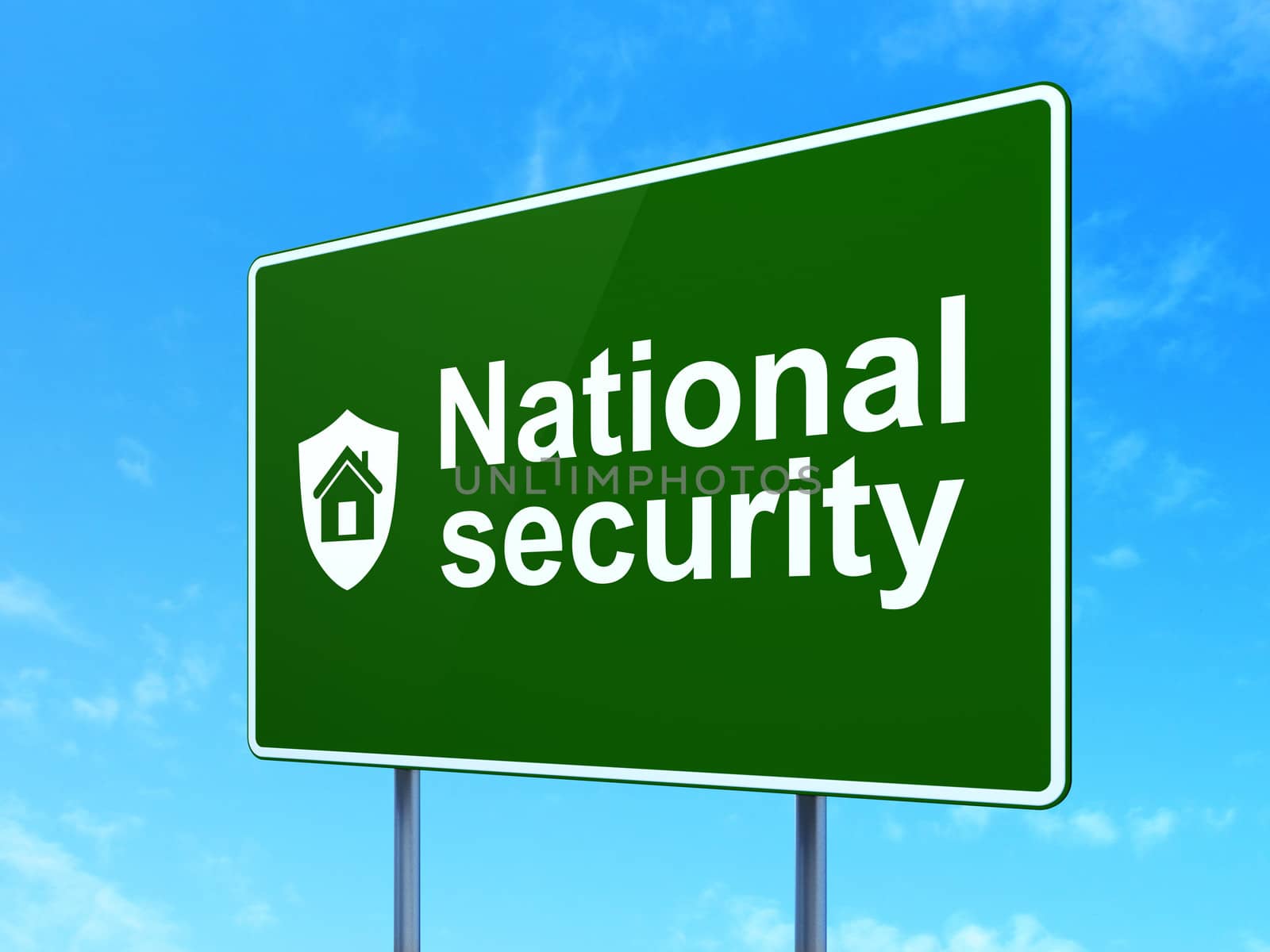 Security concept: National Security and Shield icon on green road (highway) sign, clear blue sky background, 3d render