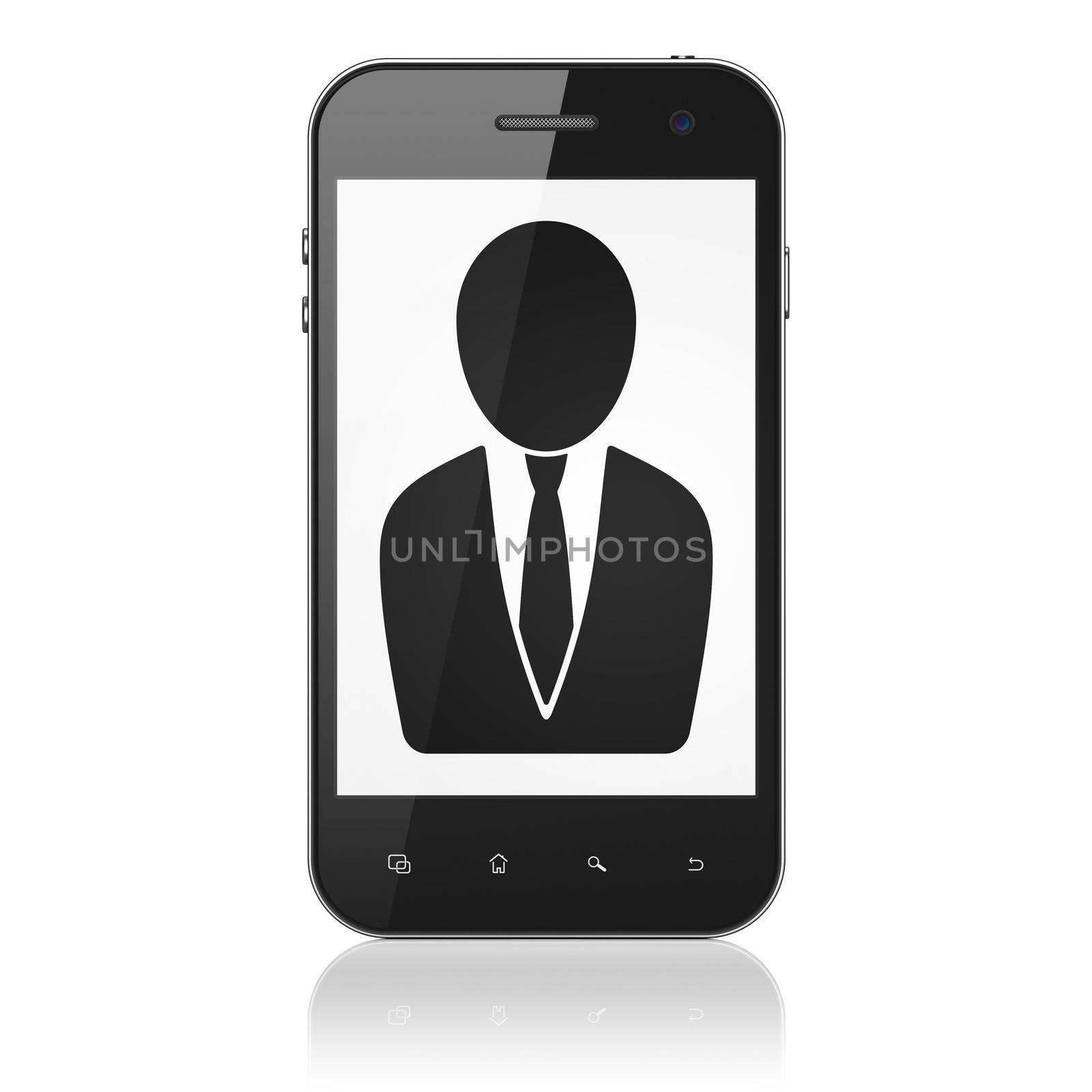 Business concept: smartphone with Business Man icon on display. Mobile smart phone on White background, cell phone 3d render