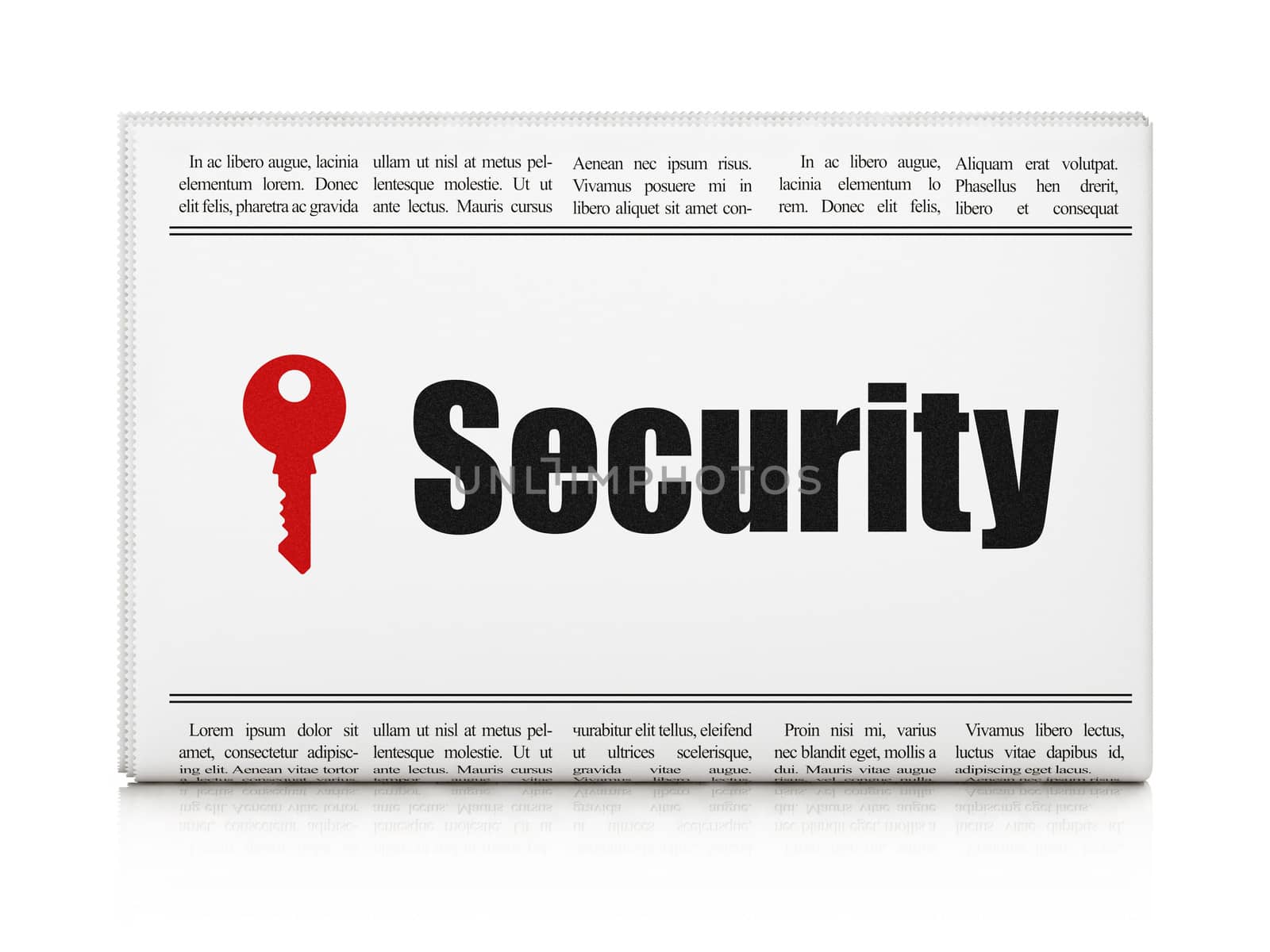 Safety concept: newspaper headline Security and Key icon on White background, 3d render