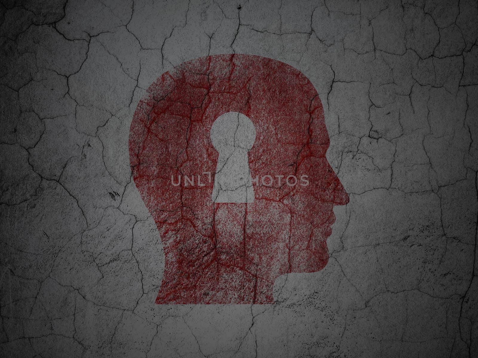 Information concept: Red Head With Keyhole on grunge textured concrete wall background, 3d render