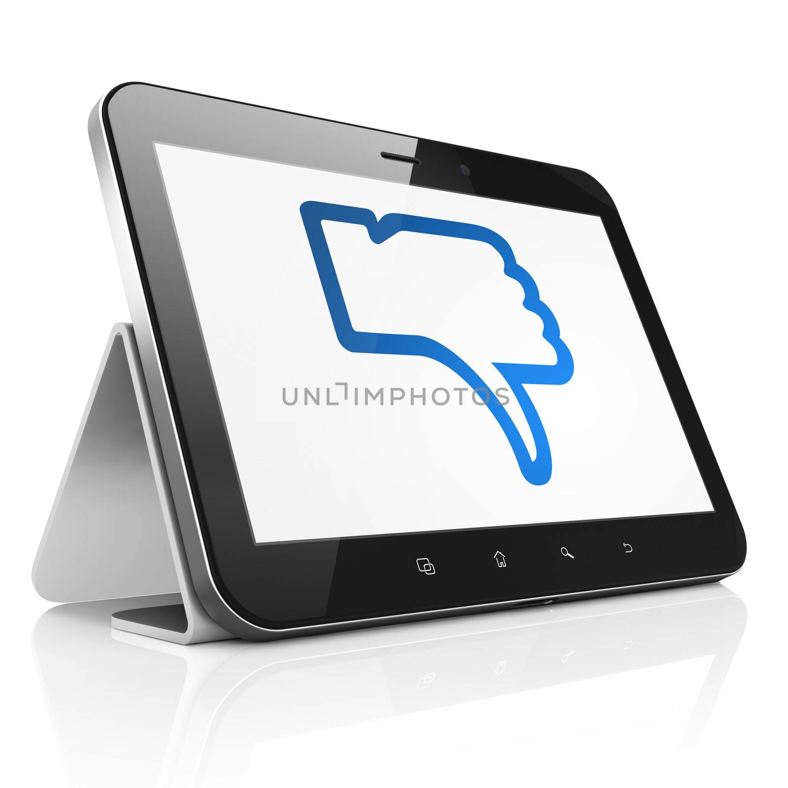 Social network concept: black tablet pc computer with Thumb Down icon on display. Modern portable touch pad on White background, 3d render