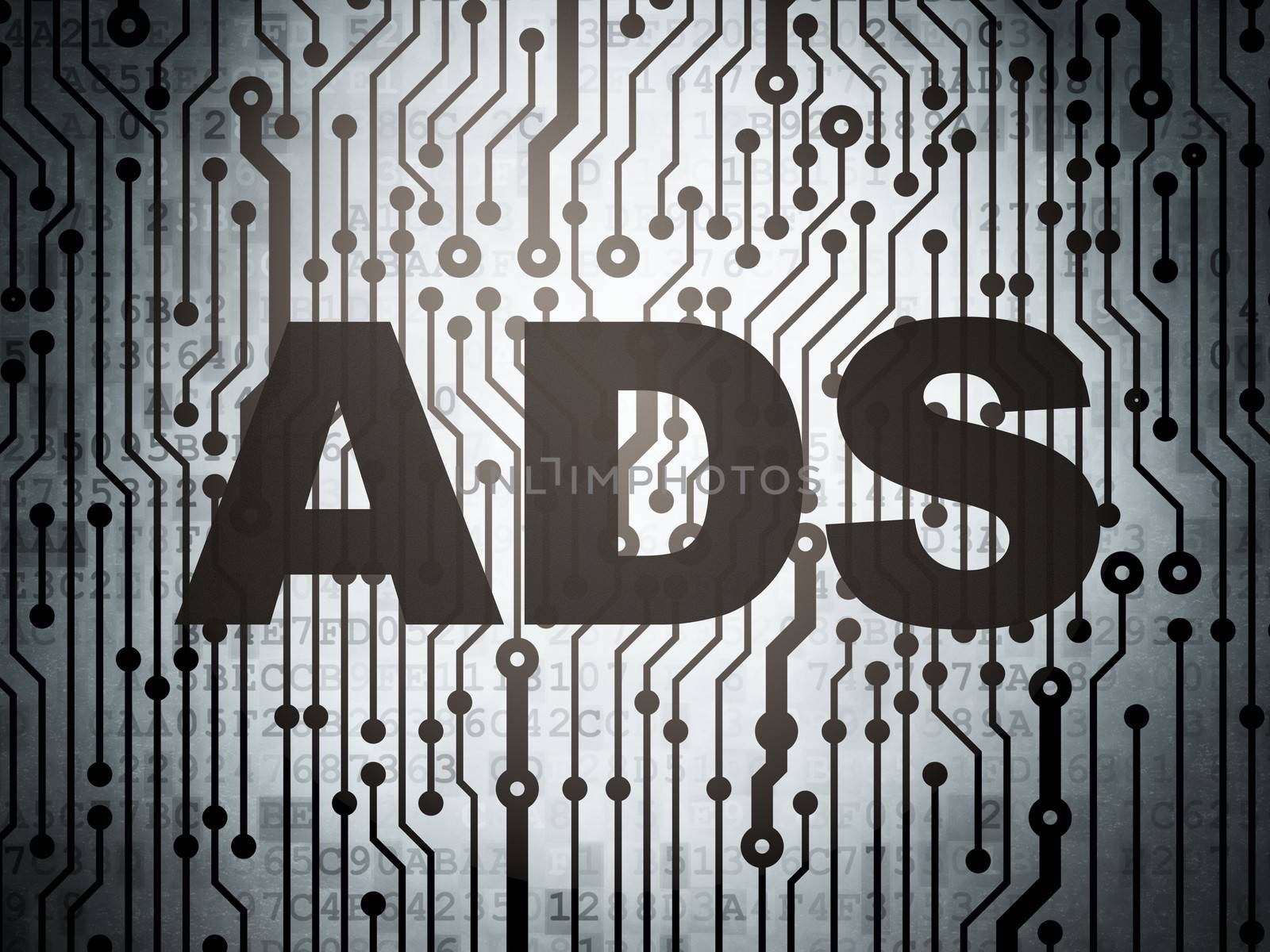 Marketing concept: circuit board with  word Ads, 3d render