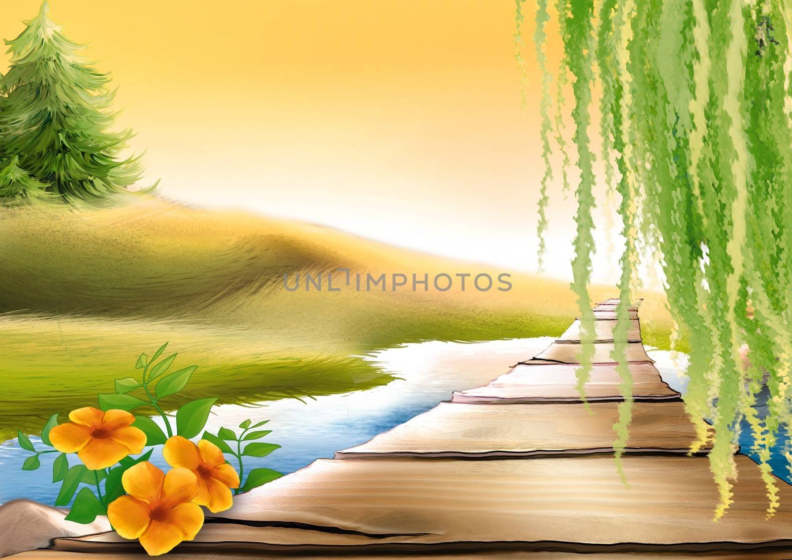 Footbridge And Meadow Stream by illustratorCZ