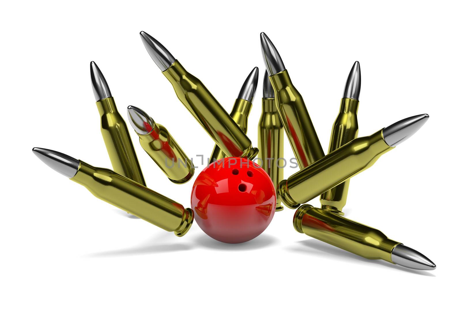 Strike of Bullets with Red Bowling Skittle Ball on White Background 3D Illustration