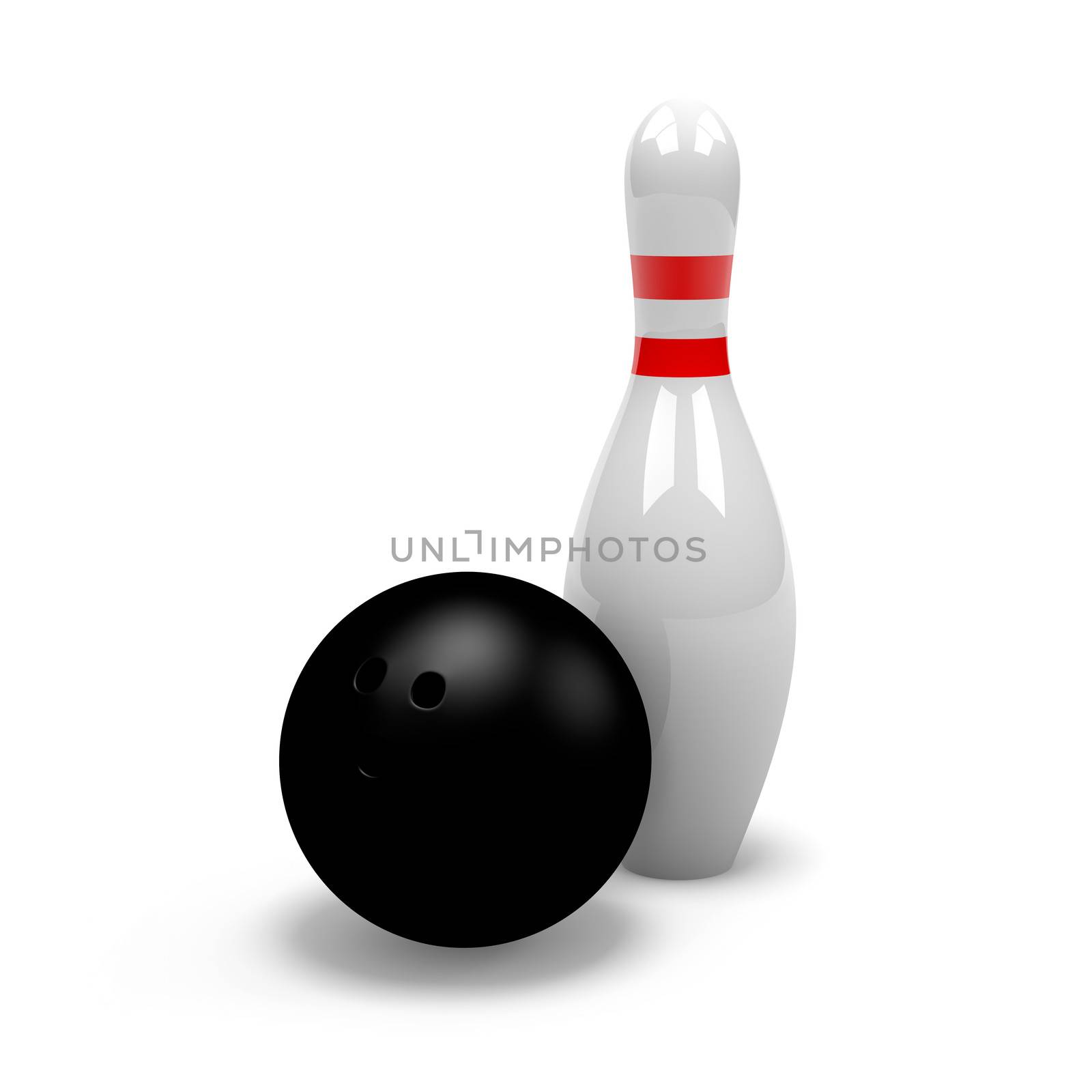 One Single White and Red Bowling Skittle with Black Ball on White Background 3D Illustration