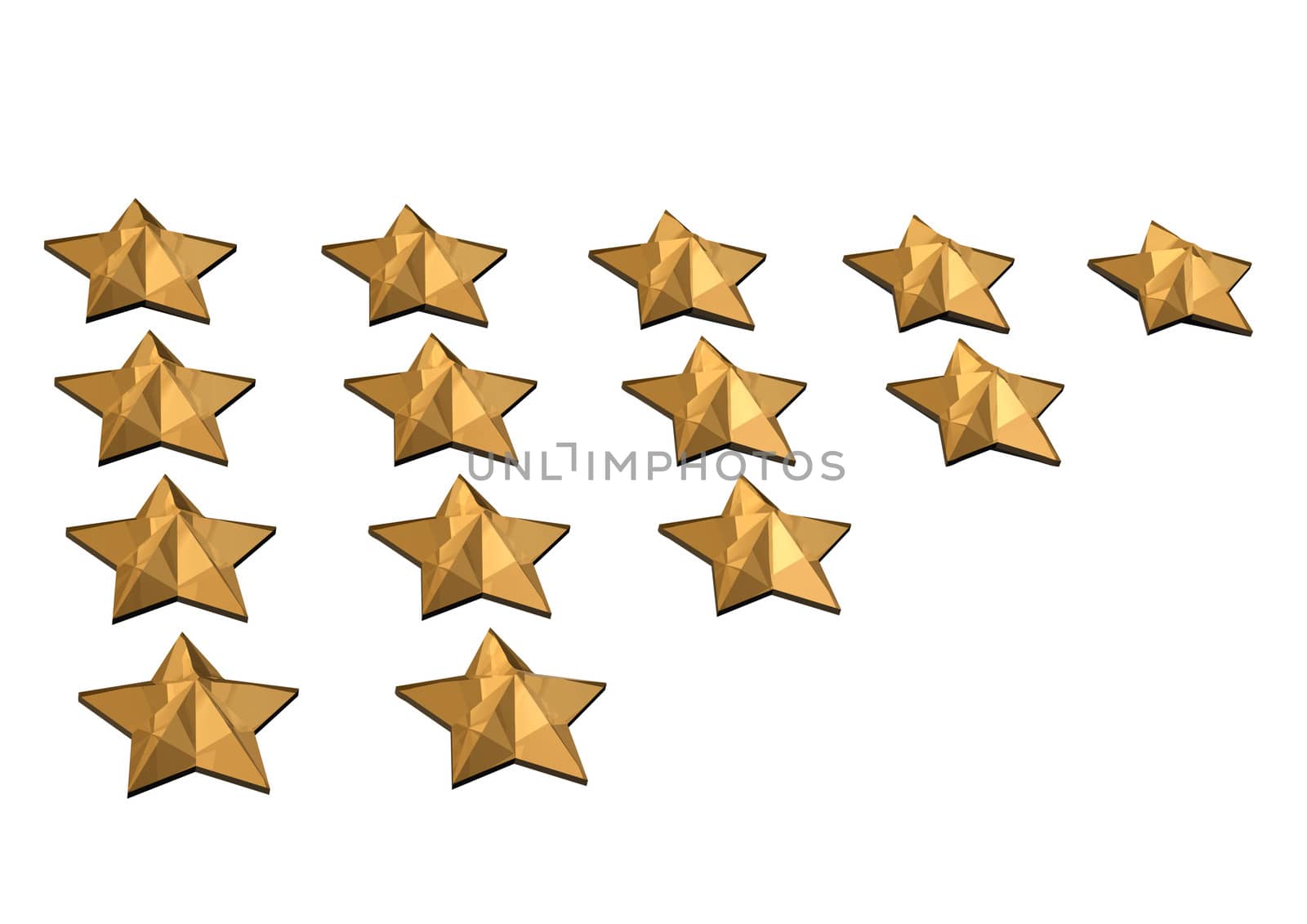 Gold Stars. Isolated on white. Three dimensional render.